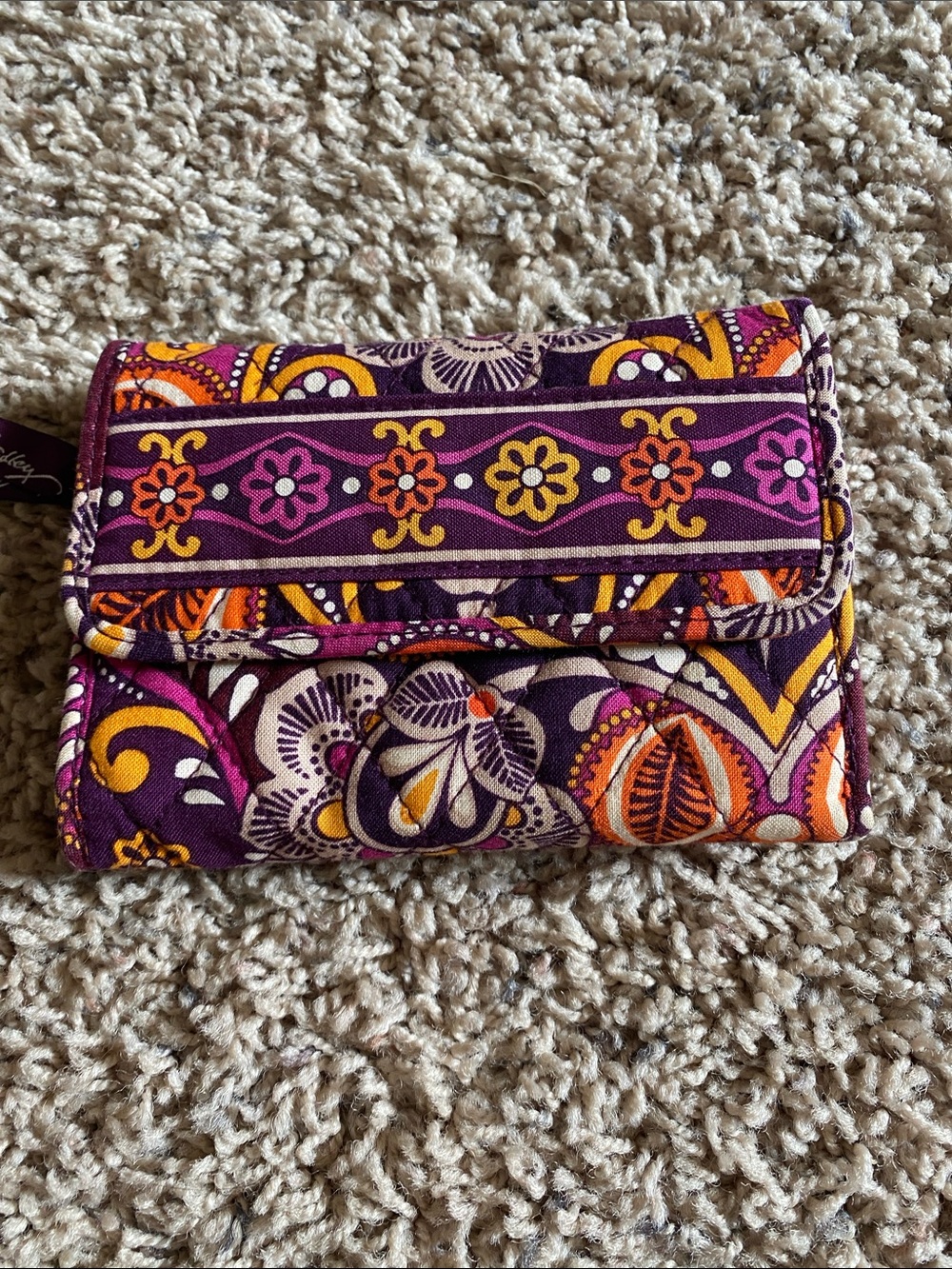 Vera Bradley Purple Floral Paisley Quilted Wallet with Pink & Orange Accents